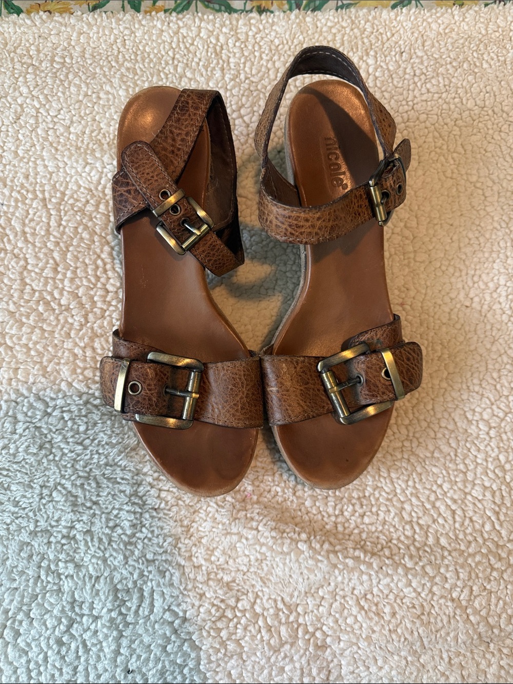 Nicole Brown Double-Buckle Leather Sandals